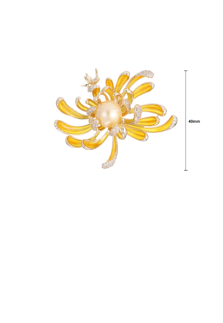 Fashion and Elegant Plated Gold Enamel Chrysanthemum Imitation Pearl Brooch with Cubic Zirconia - Luxurious Look