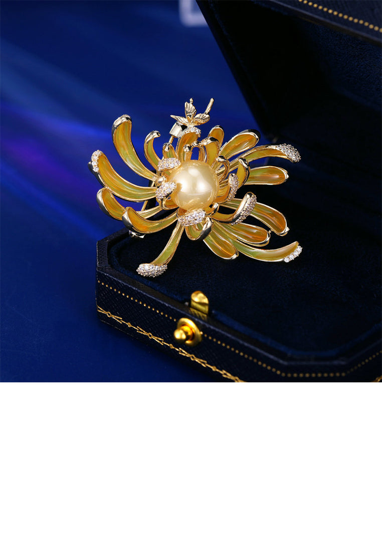Fashion and Elegant Plated Gold Enamel Chrysanthemum Imitation Pearl Brooch with Cubic Zirconia - Luxurious Look