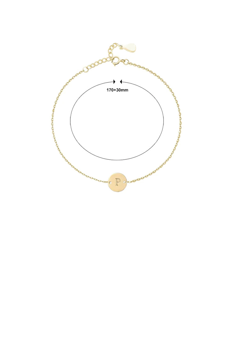 925 Sterling Silver Plated Gold Simple and Fashion Alphabet P Round Bracelet