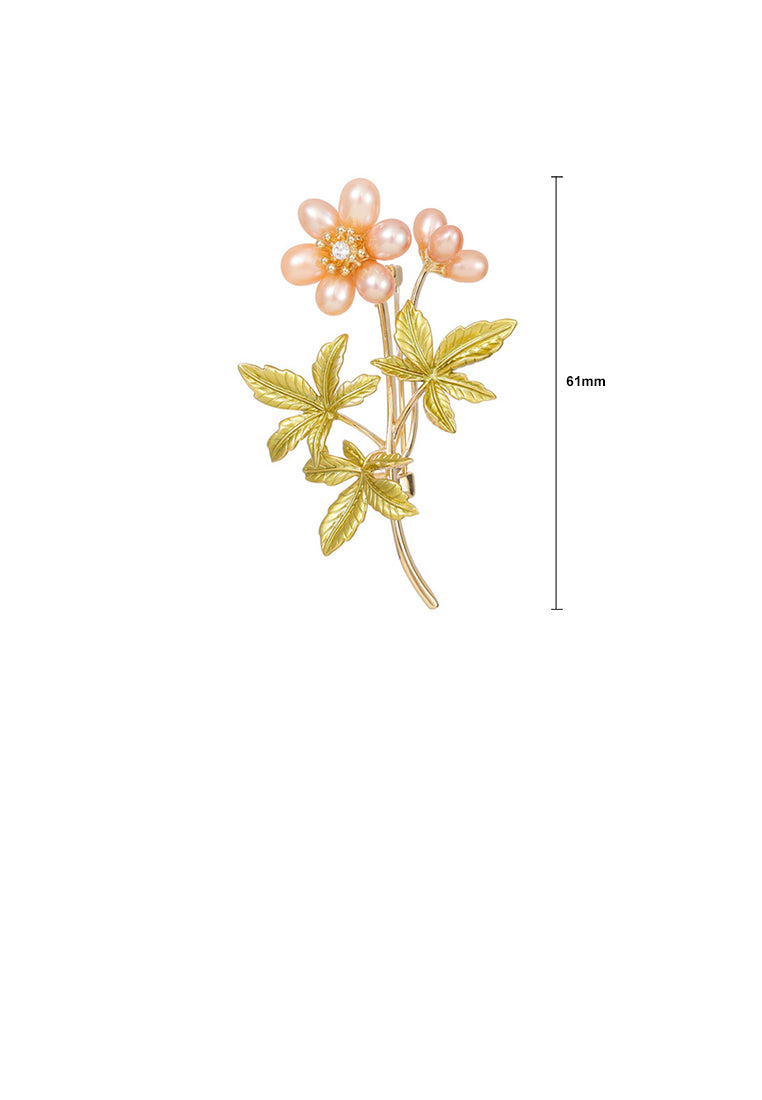 Fashion and Elegant Plated Gold Enamel Flower Imitation Pearl Brooch with Cubic Zirconia - Luxurious Look
