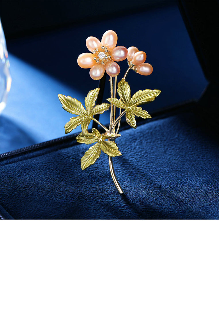 Fashion and Elegant Plated Gold Enamel Flower Imitation Pearl Brooch with Cubic Zirconia - Luxurious Look