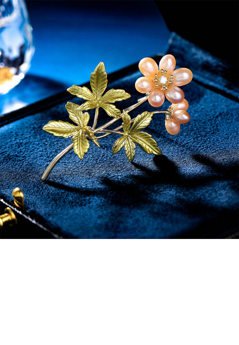 Fashion and Elegant Plated Gold Enamel Flower Imitation Pearl Brooch with Cubic Zirconia - Luxurious Look