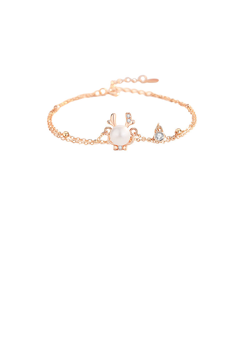 925 Sterling Silver Plated Rose Gold Fashion and Creative Cute Dragon Imitation Pearl Double Layer Bracelet with Cubic Zirconia - Luxurious Look
