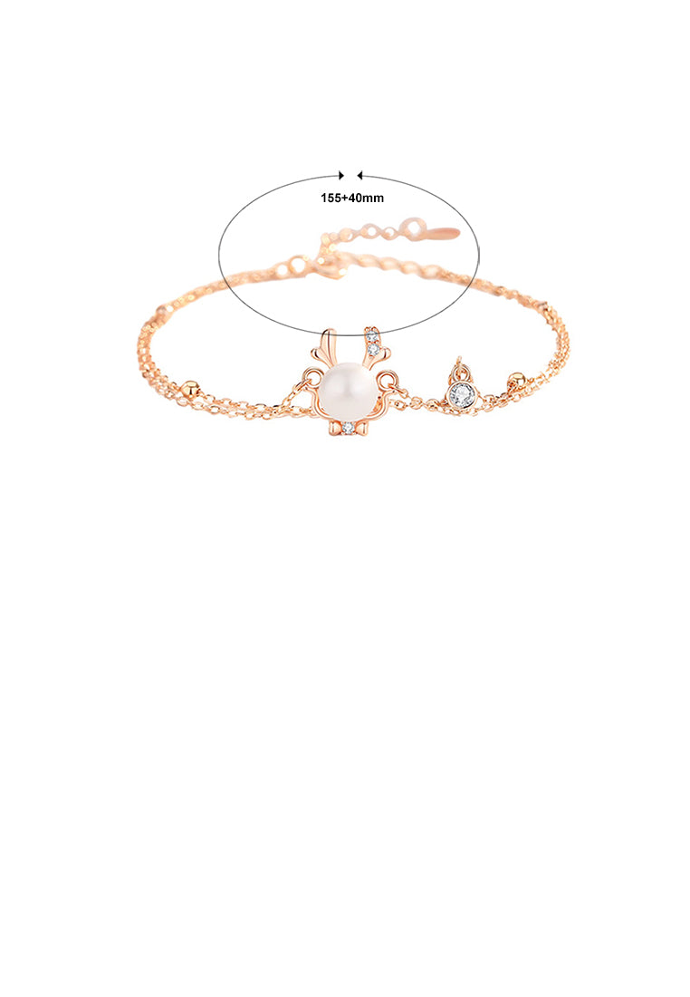 925 Sterling Silver Plated Rose Gold Fashion and Creative Cute Dragon Imitation Pearl Double Layer Bracelet with Cubic Zirconia - Luxurious Look