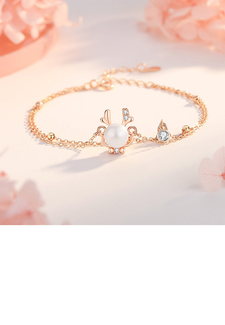 925 Sterling Silver Plated Rose Gold Fashion and Creative Cute Dragon Imitation Pearl Double Layer Bracelet with Cubic Zirconia - Luxurious Look