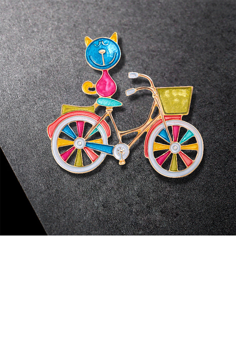Fashion and Creative Plated Gold Enamel Colorful Cat Bicycle Brooch