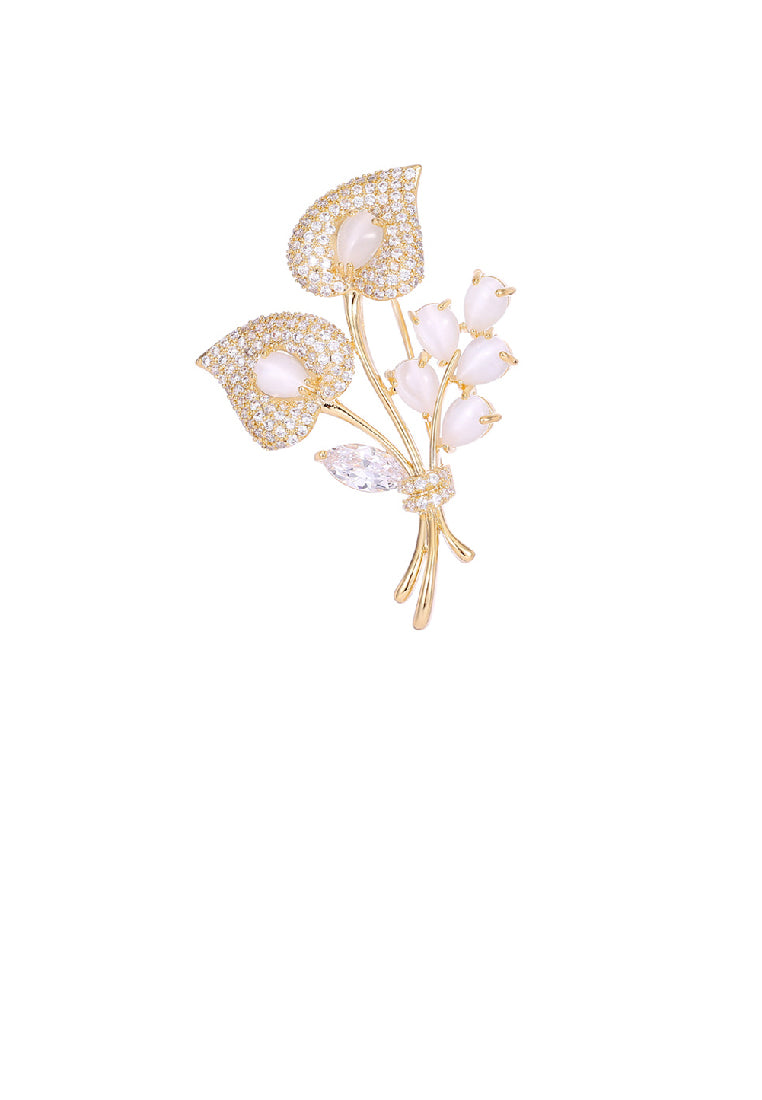 Fashion Elegant Plated Gold Floral Imitation Opal Brooch with Cubic Zirconia - Luxurious Look