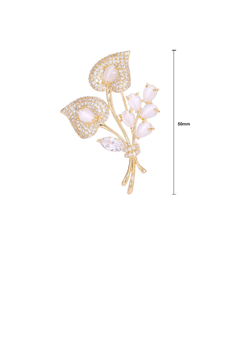 Fashion Elegant Plated Gold Floral Imitation Opal Brooch with Cubic Zirconia - Luxurious Look