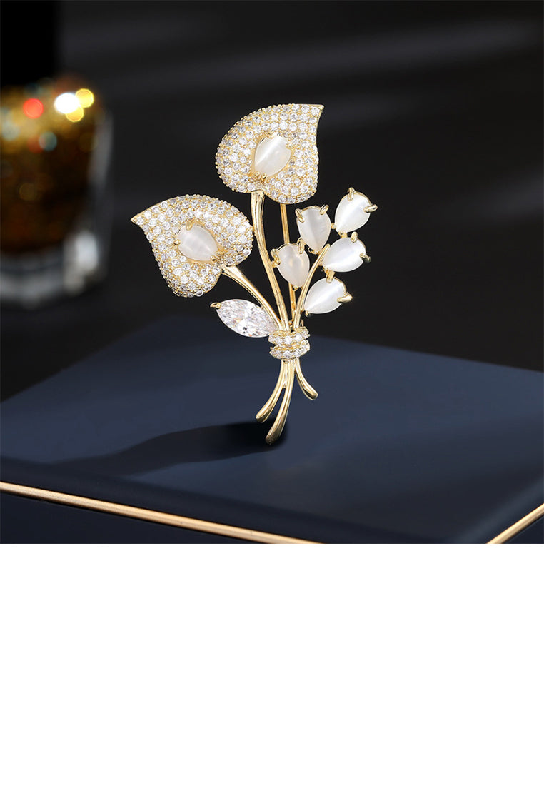 Fashion Elegant Plated Gold Floral Imitation Opal Brooch with Cubic Zirconia - Luxurious Look