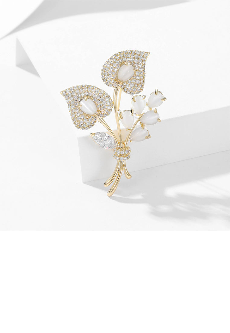 Fashion Elegant Plated Gold Floral Imitation Opal Brooch with Cubic Zirconia - Luxurious Look