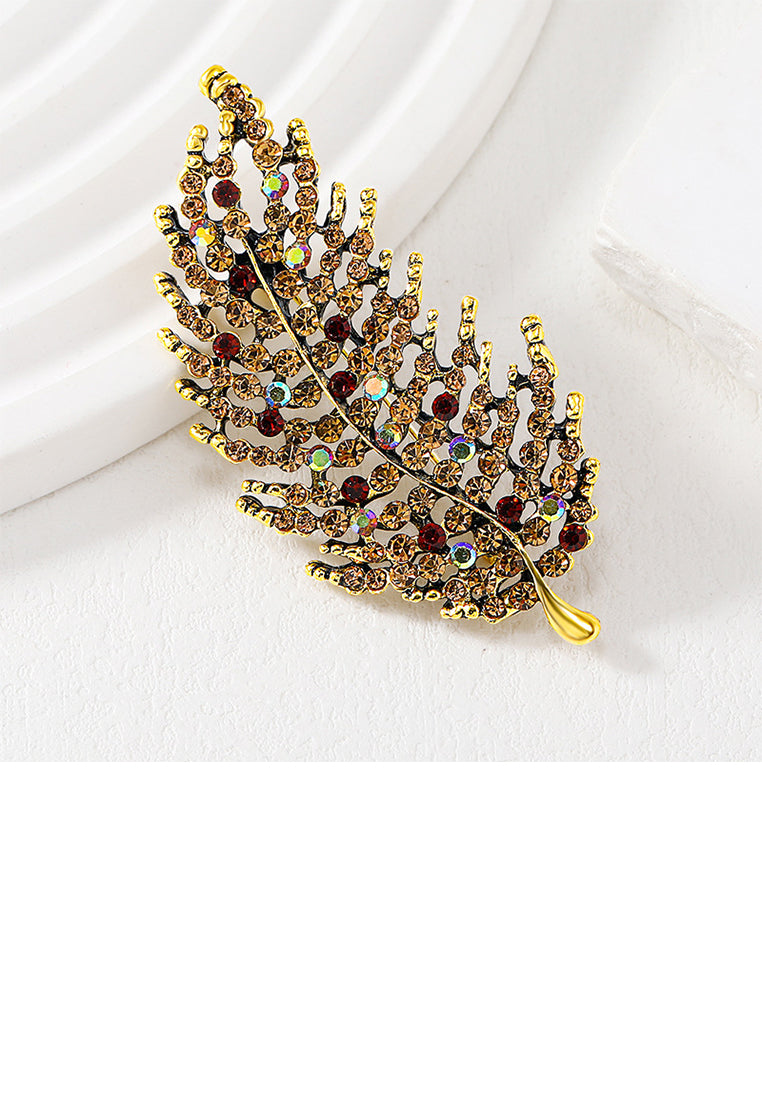 Fashion Brilliant Plated Gold Leaf Brooch with Brown Cubic Zirconia - Luxurious Look - Vibrant Color