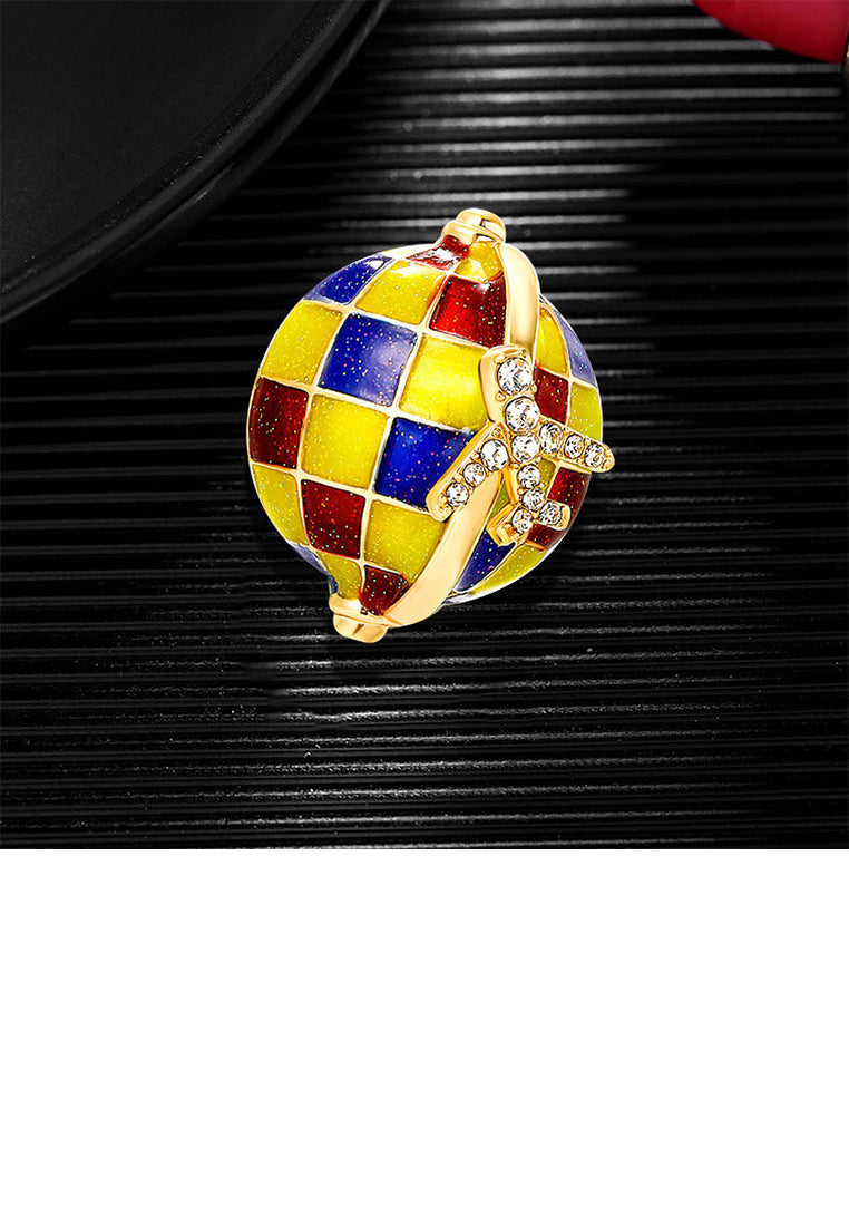 Fashion Temperament Plated Gold Enamel Yellow Globe Airplane Brooch with Cubic Zirconia - Luxurious Look