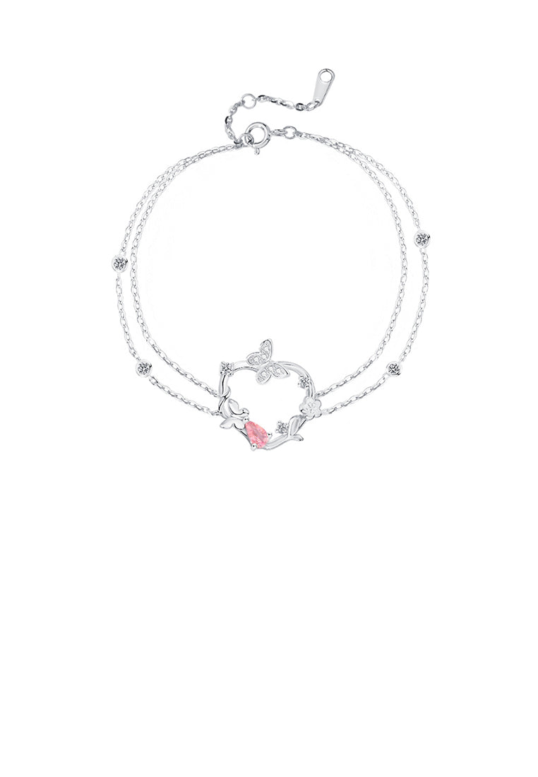 925 Sterling Silver Fashion and Elegant Butterfly Hollow Heart Double Layer Bracelet with Cubic Zirconia - Luxurious Look