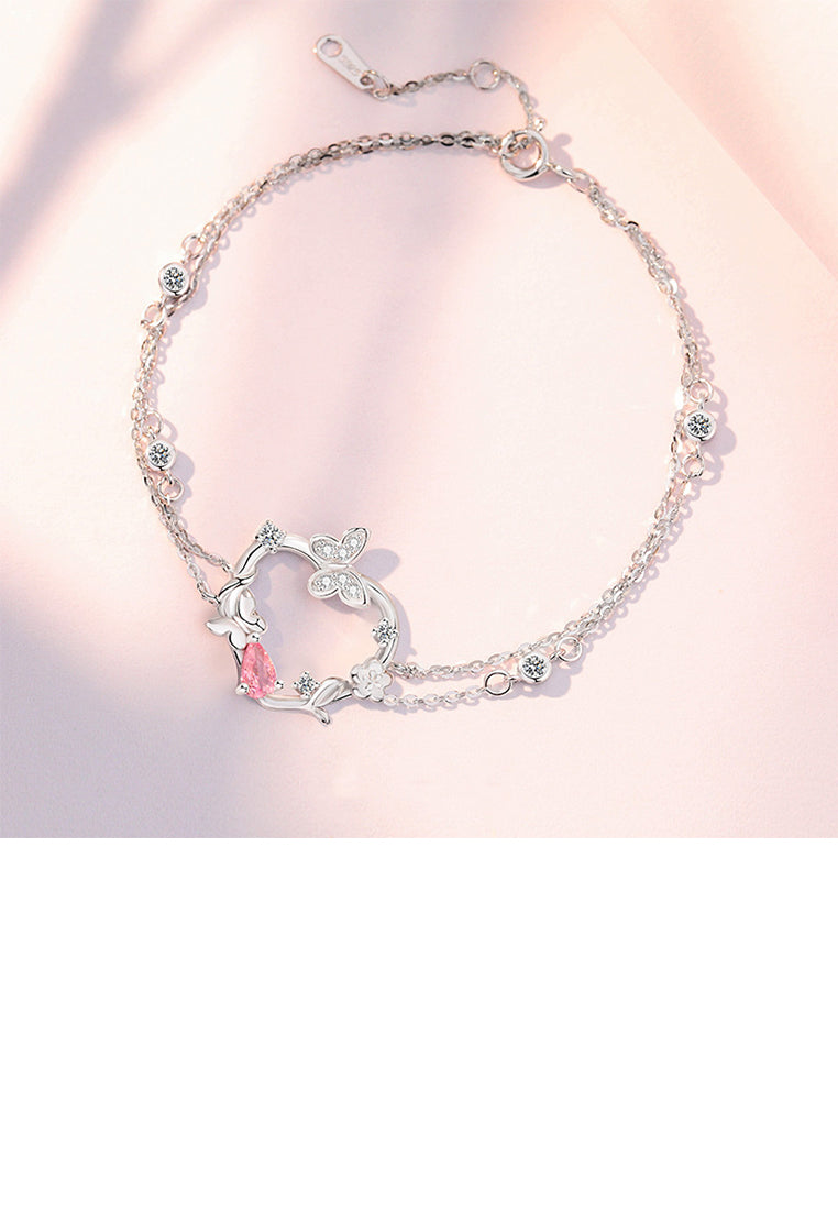 925 Sterling Silver Fashion and Elegant Butterfly Hollow Heart Double Layer Bracelet with Cubic Zirconia - Luxurious Look