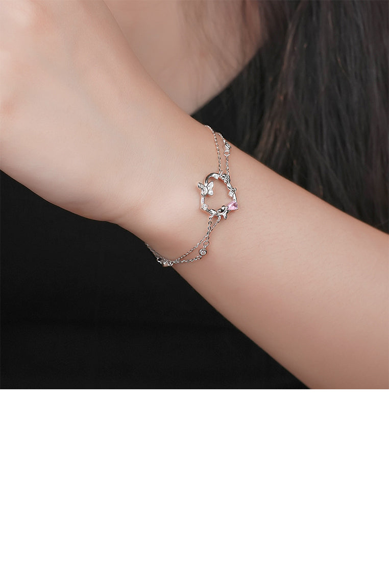 925 Sterling Silver Fashion and Elegant Butterfly Hollow Heart Double Layer Bracelet with Cubic Zirconia - Luxurious Look