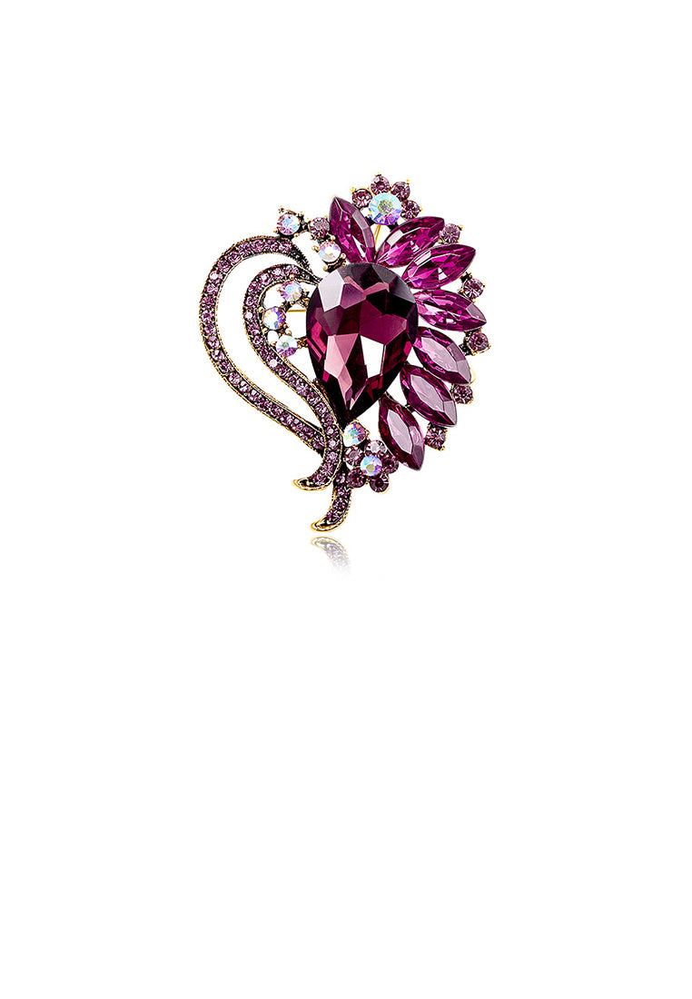 Elegant Brilliant Plated Gold Heart Floral Brooch with Purple Cubic Zirconia - Luxurious Look