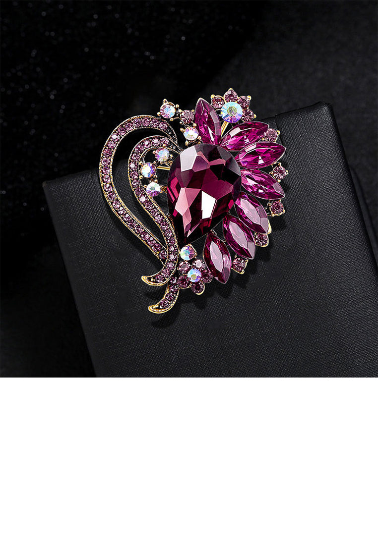 Elegant Brilliant Plated Gold Heart Floral Brooch with Purple Cubic Zirconia - Luxurious Look