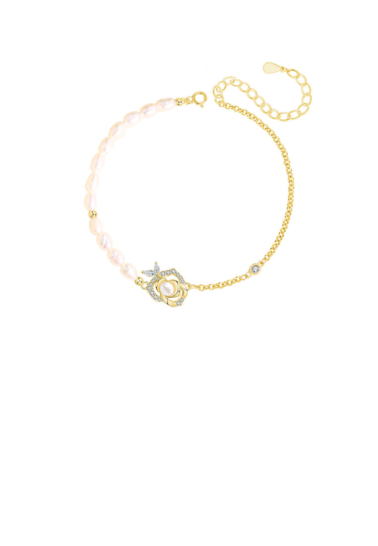 925 Sterling Silver Plated Gold Fashion Temperament Camellia Imitation Pearl Beaded Bracelet with Cubic Zirconia - Luxurious Look