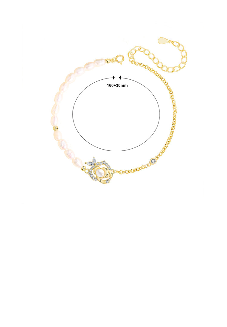 925 Sterling Silver Plated Gold Fashion Temperament Camellia Imitation Pearl Beaded Bracelet with Cubic Zirconia - Luxurious Look