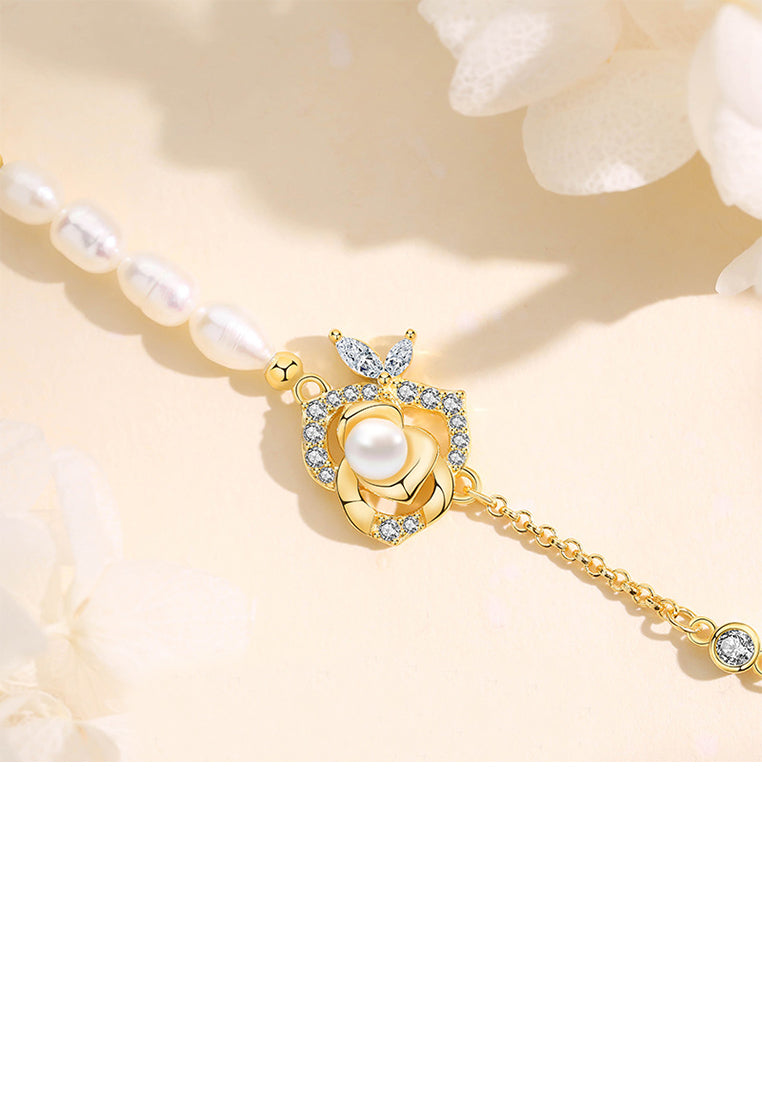 925 Sterling Silver Plated Gold Fashion Temperament Camellia Imitation Pearl Beaded Bracelet with Cubic Zirconia - Luxurious Look