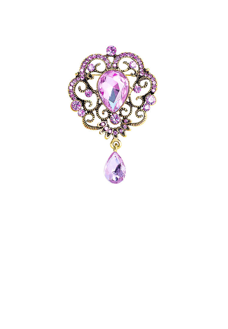 Fashion Vintage Plated Gold Hollow Pattern Geometric Water Drop Brooch with Purple Cubic Zirconia - Luxurious Look