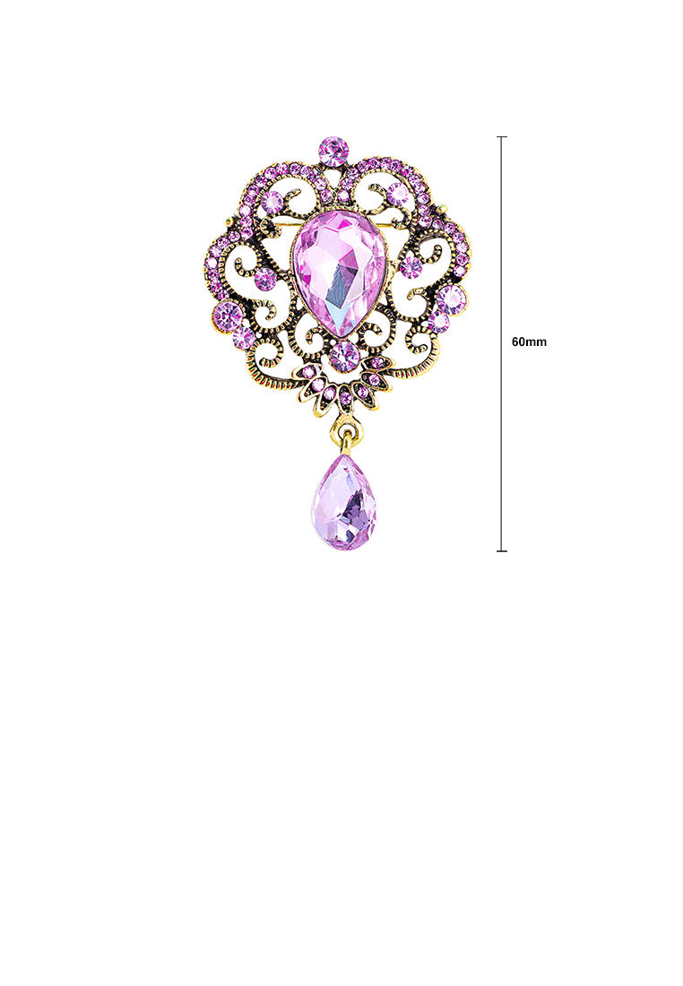 Fashion Vintage Plated Gold Hollow Pattern Geometric Water Drop Brooch with Purple Cubic Zirconia - Luxurious Look