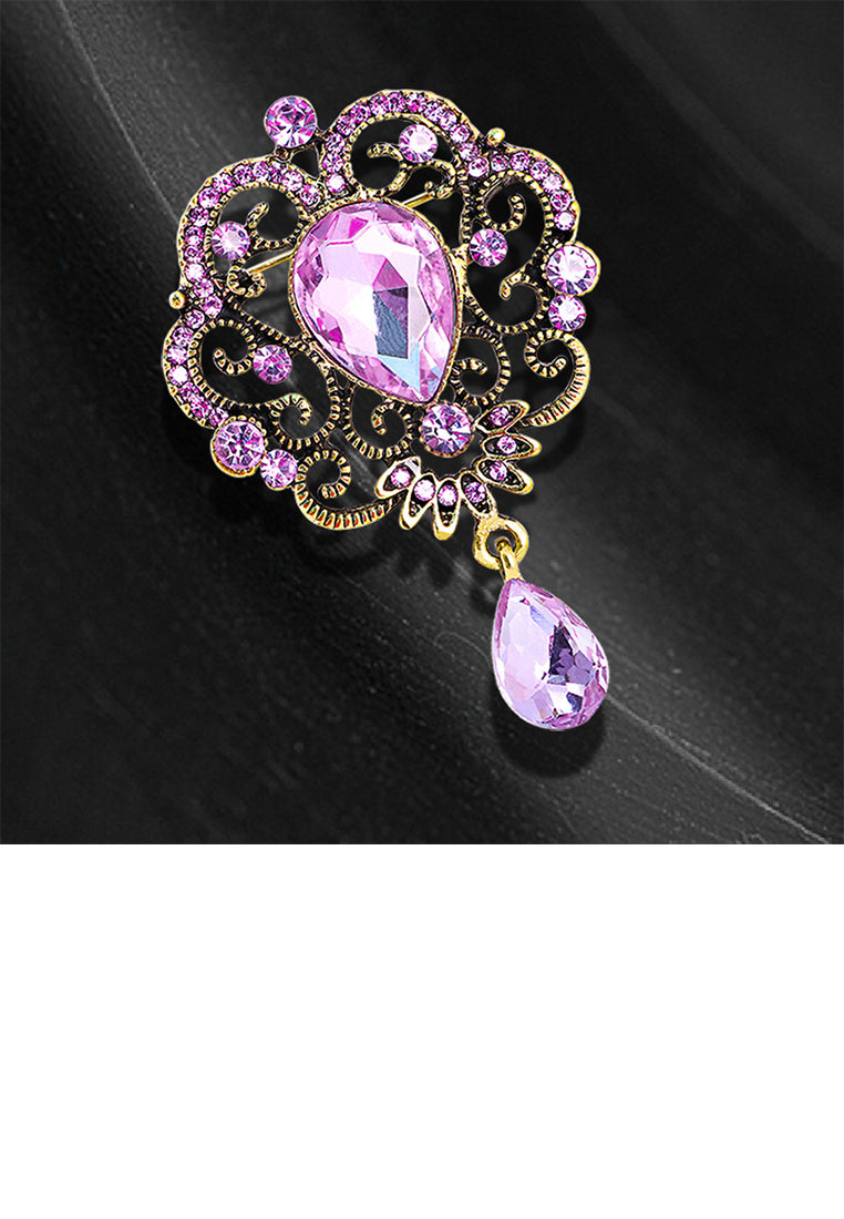 Fashion Vintage Plated Gold Hollow Pattern Geometric Water Drop Brooch with Purple Cubic Zirconia - Luxurious Look