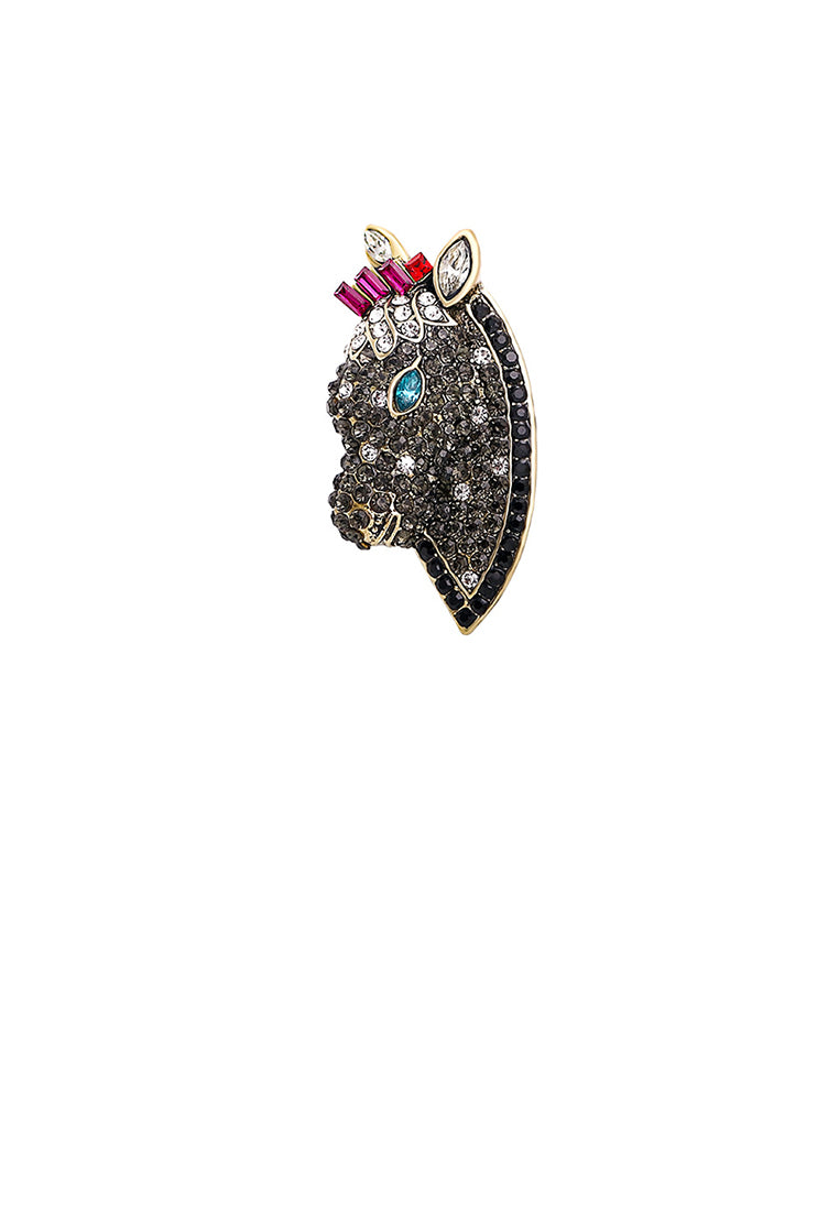 Fashion Brilliant Plated Gold Horse Head Brooch with Black Cubic Zirconia - Luxurious Look