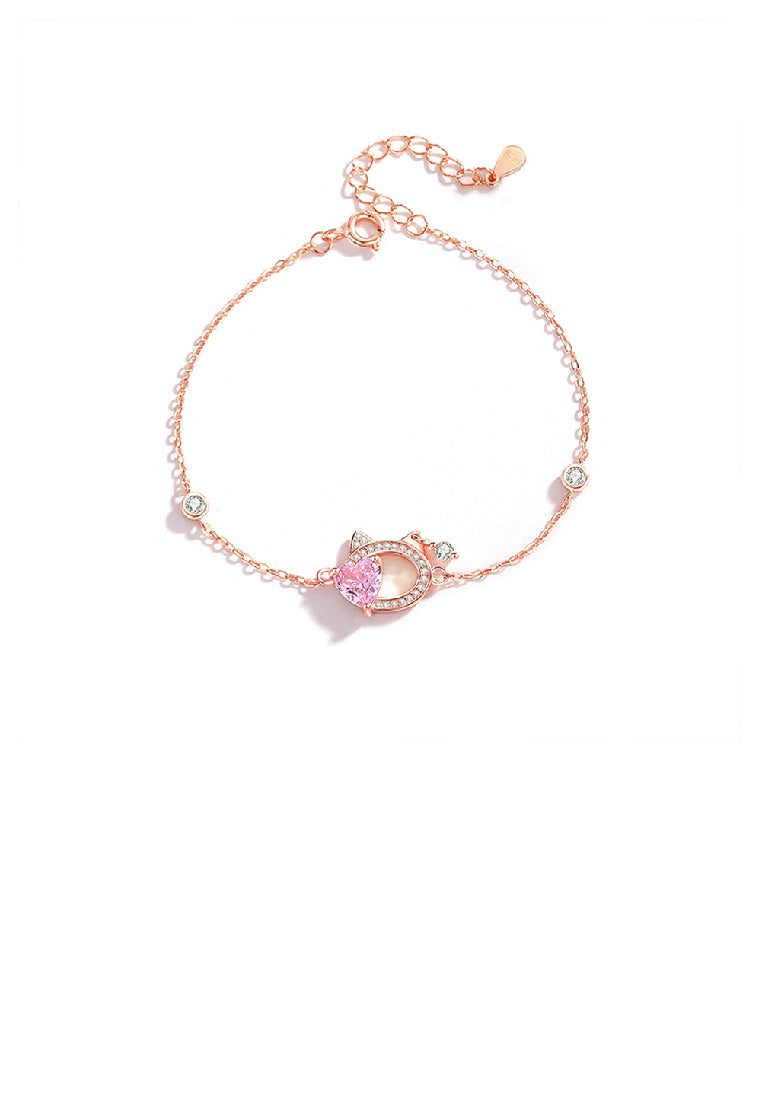 925 Sterling Silver Plated Rose Gold Simple Cute Hollow Hollow Cat Heart Bracelet with Cubic Zirconia - Luxurious Look