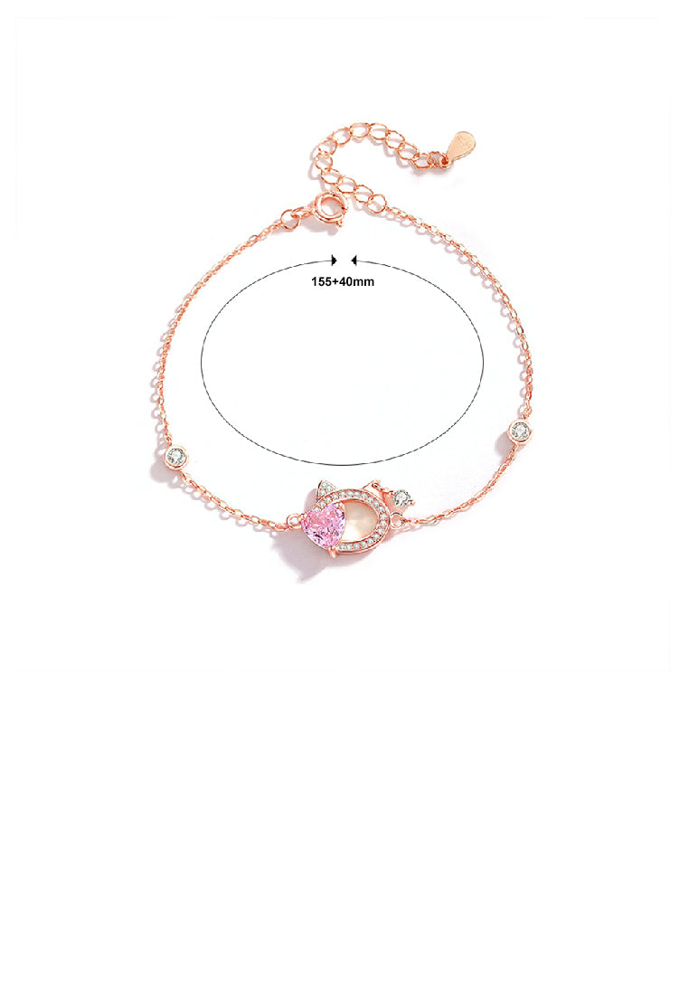 925 Sterling Silver Plated Rose Gold Simple Cute Hollow Hollow Cat Heart Bracelet with Cubic Zirconia - Luxurious Look