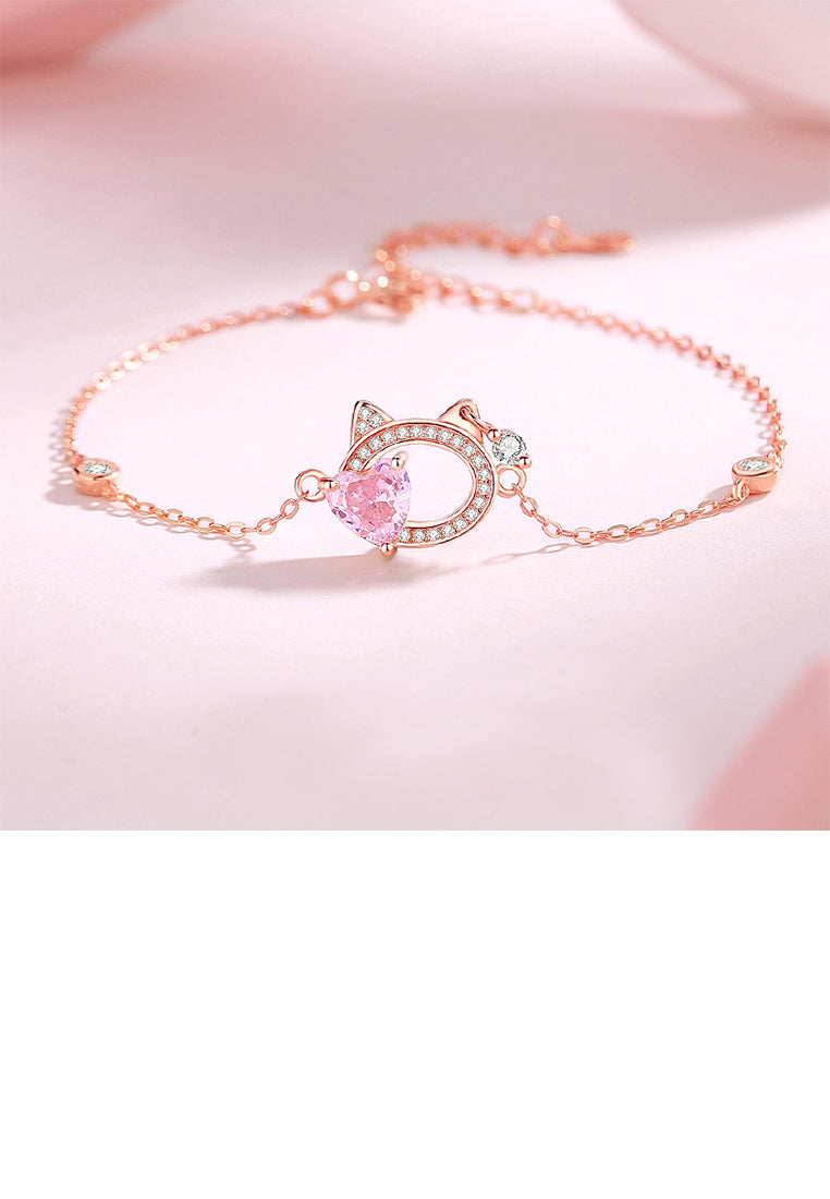 925 Sterling Silver Plated Rose Gold Simple Cute Hollow Hollow Cat Heart Bracelet with Cubic Zirconia - Luxurious Look