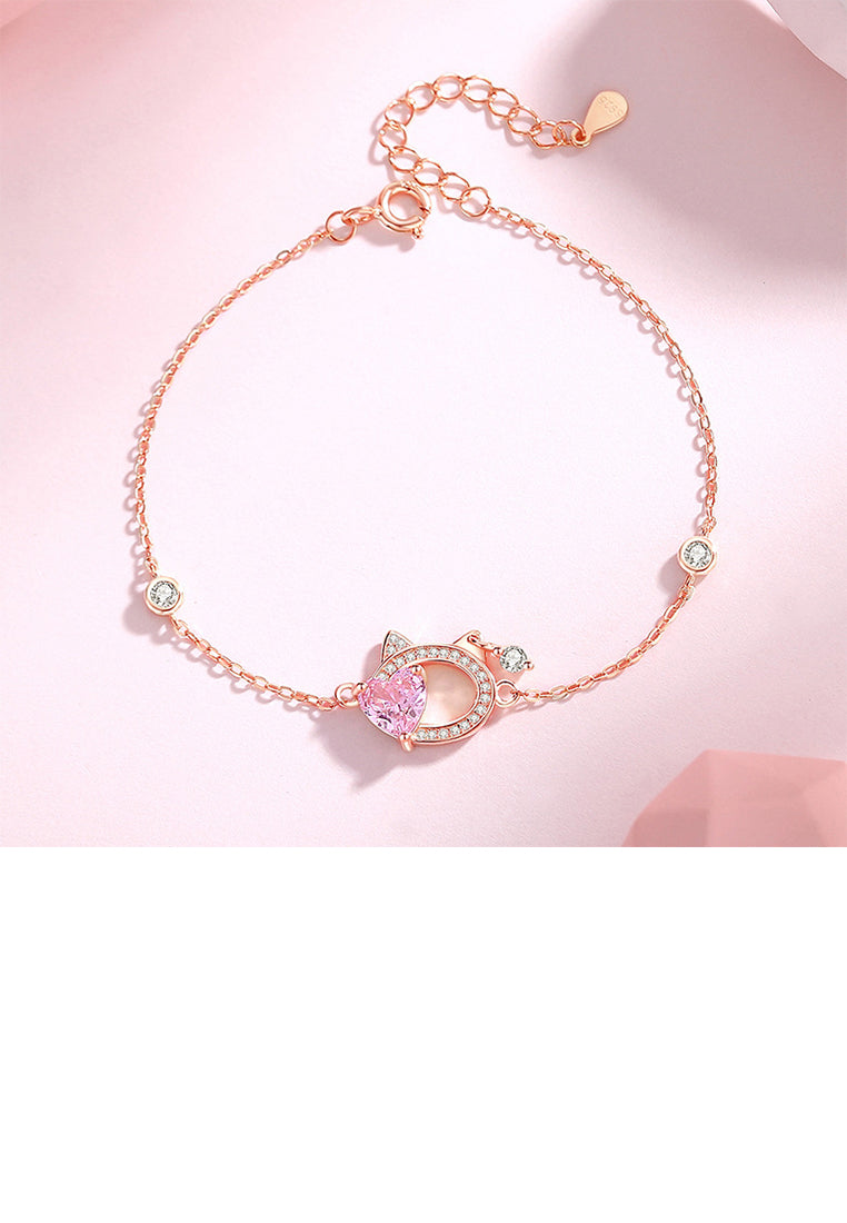 925 Sterling Silver Plated Rose Gold Simple Cute Hollow Hollow Cat Heart Bracelet with Cubic Zirconia - Luxurious Look