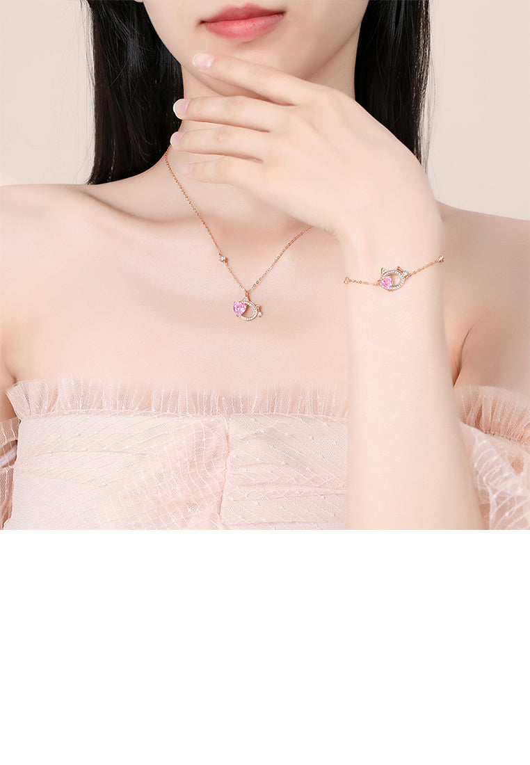 925 Sterling Silver Plated Rose Gold Simple Cute Hollow Hollow Cat Heart Bracelet with Cubic Zirconia - Luxurious Look