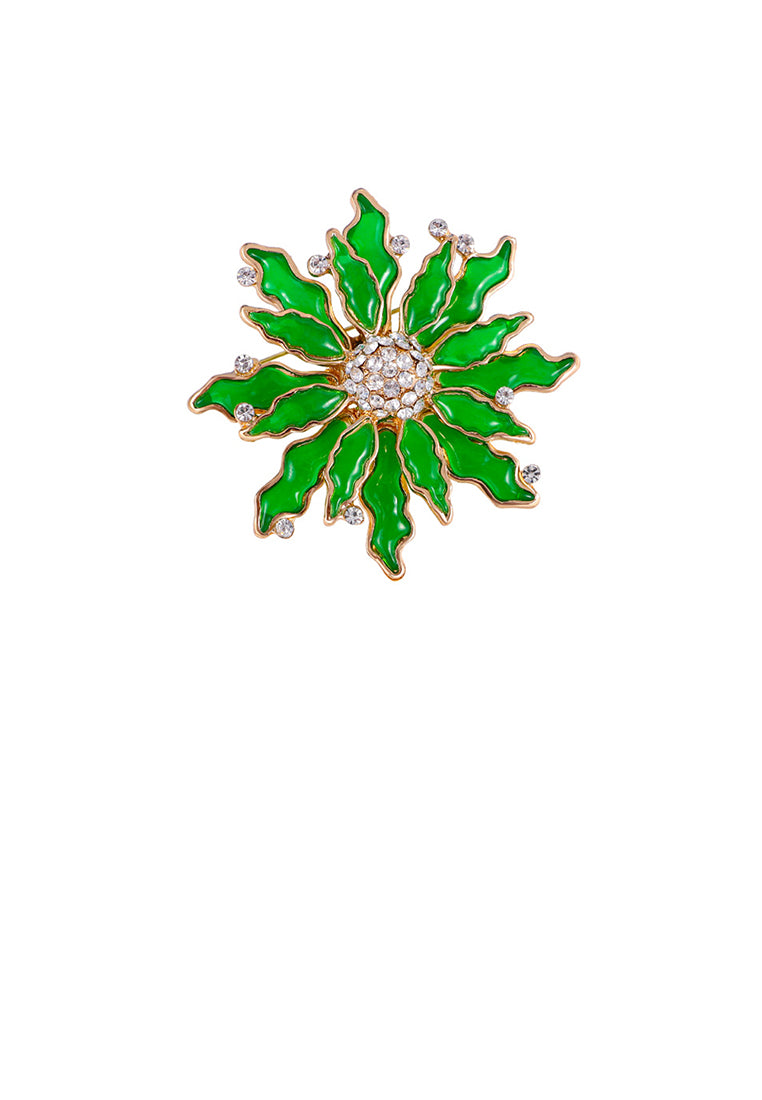 Fashion Temperament Plated Gold Enamel Green Flower Brooch with Cubic Zirconia - Luxurious Look