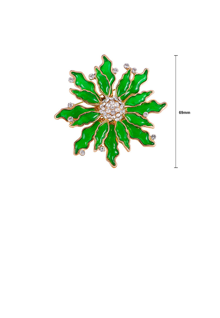 Fashion Temperament Plated Gold Enamel Green Flower Brooch with Cubic Zirconia - Luxurious Look