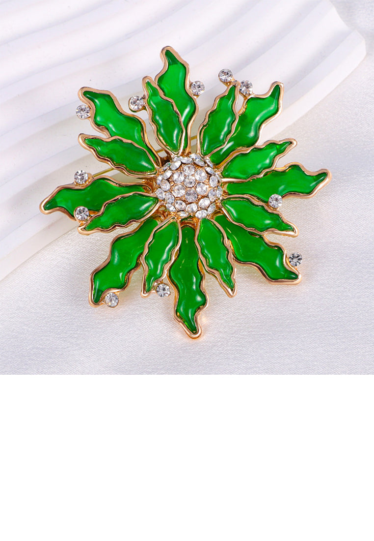 Fashion Temperament Plated Gold Enamel Green Flower Brooch with Cubic Zirconia - Luxurious Look