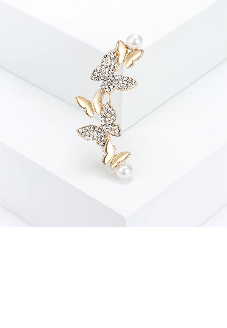 Elegant Brilliant Plated Gold Butterfly Imitation Pearl Brooch with Cubic Zirconia - Luxurious Look