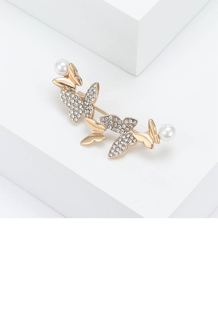 Elegant Brilliant Plated Gold Butterfly Imitation Pearl Brooch with Cubic Zirconia - Luxurious Look
