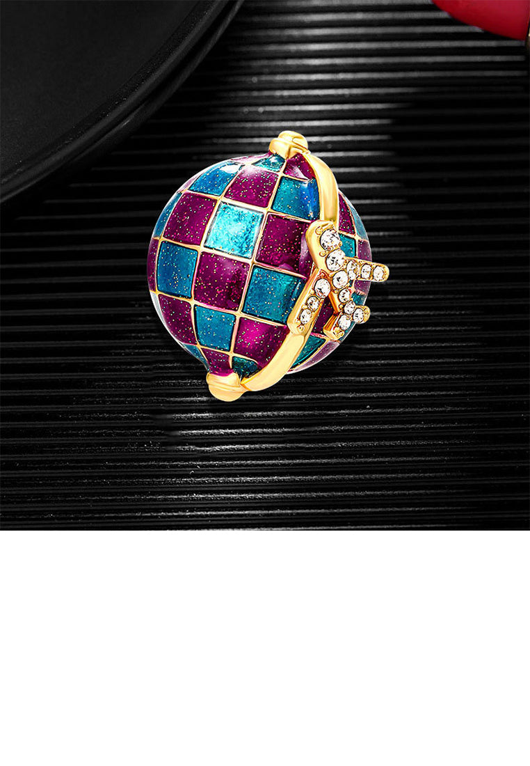Fashion Temperament Plated Gold Enamel Purple Globe Airplane Brooch with Cubic Zirconia - Luxurious Look