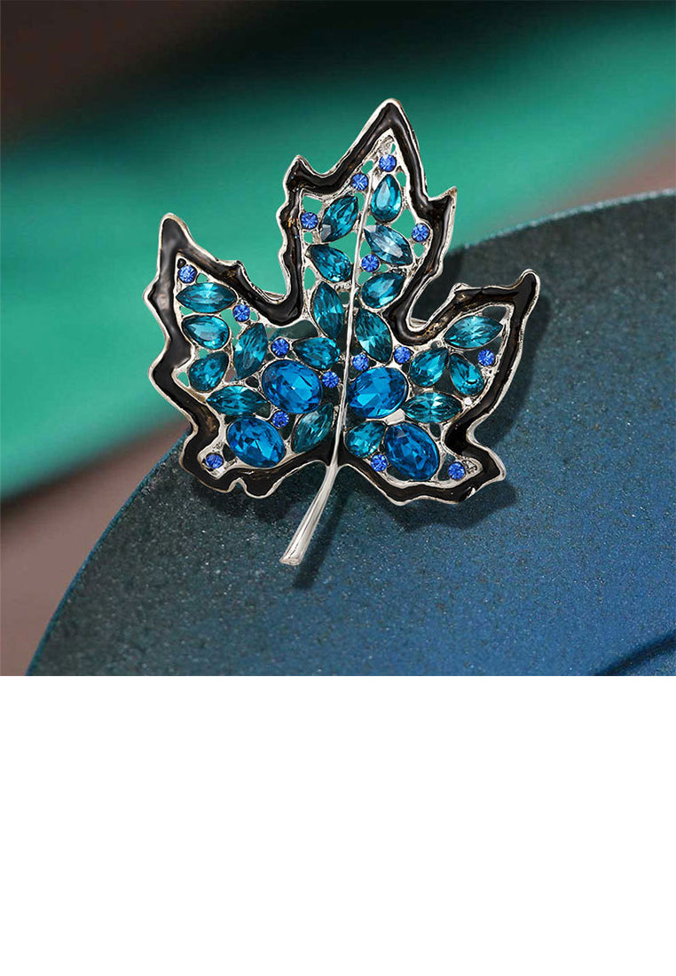 Fashion and Elegant Hollow Maple Leaf Brooch with Blue Cubic Zirconia - Luxurious Look