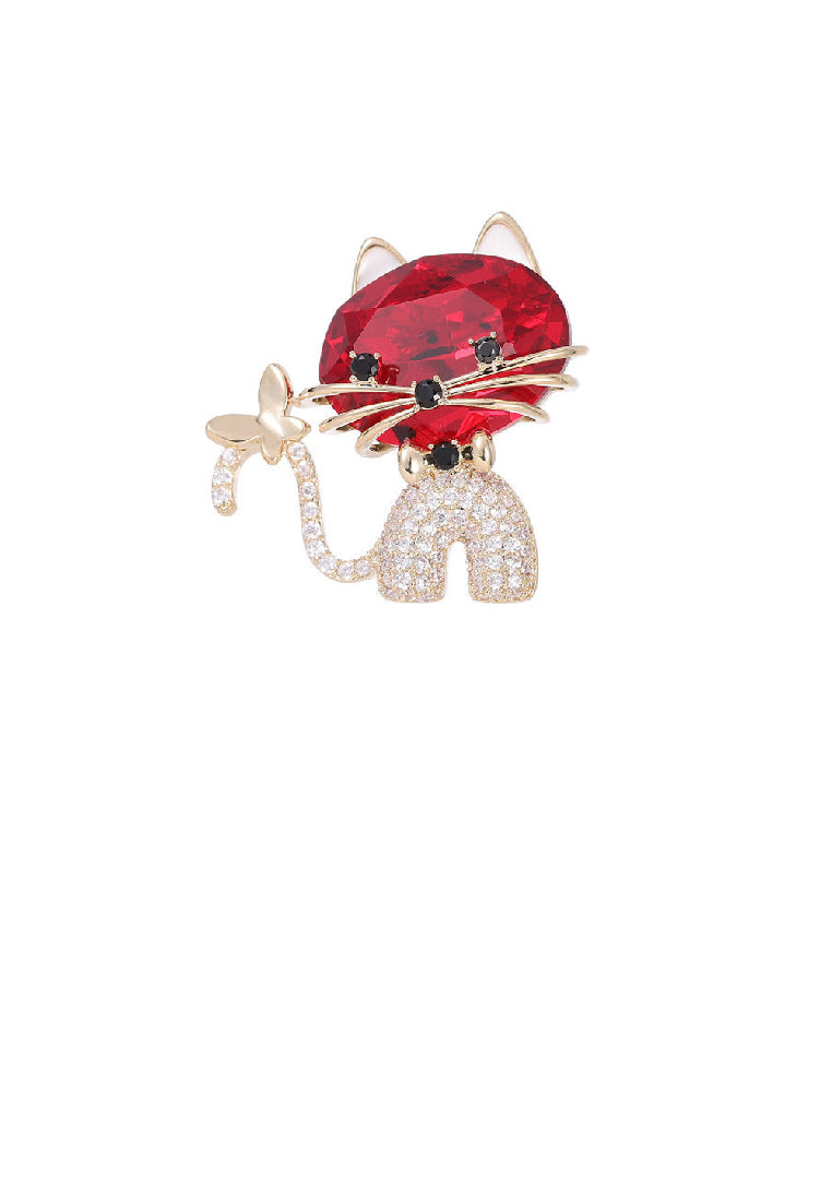 Simple and Cute Plated Gold Cat Brooch with Red Cubic Zirconia - Luxurious Look - Vibrant Color