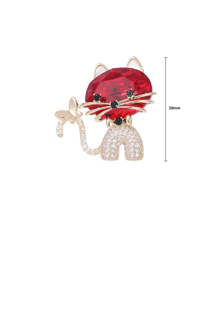 Simple and Cute Plated Gold Cat Brooch with Red Cubic Zirconia - Luxurious Look - Vibrant Color