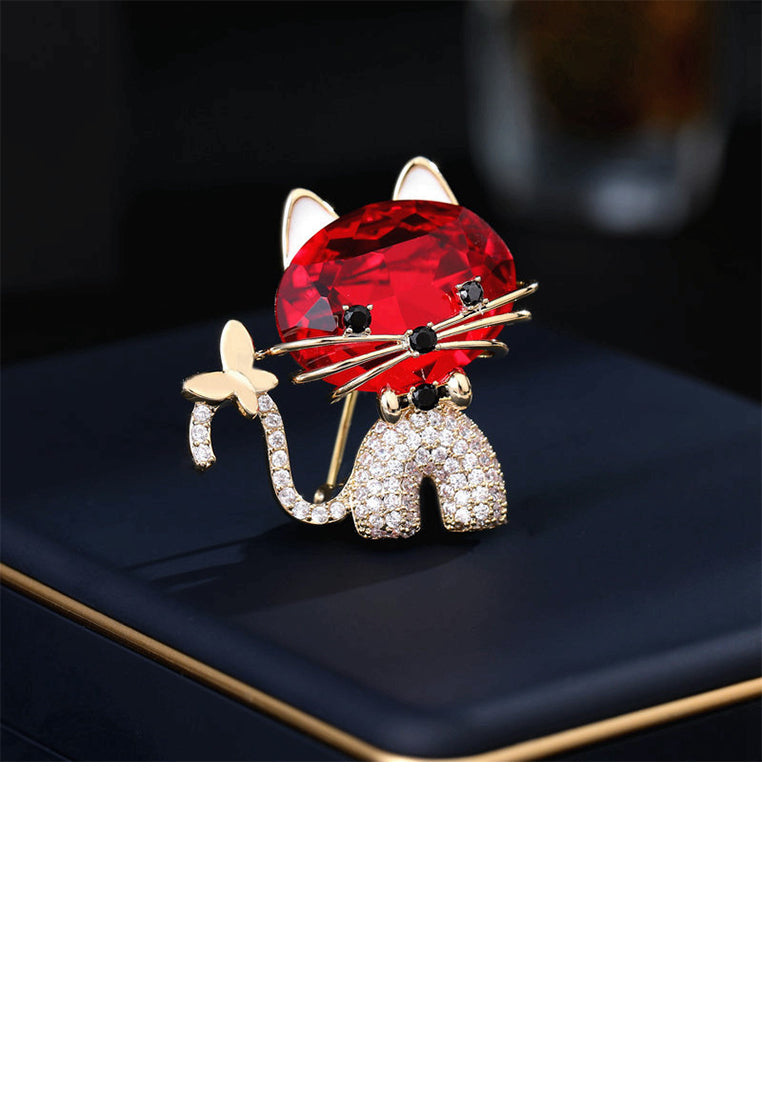 Simple and Cute Plated Gold Cat Brooch with Red Cubic Zirconia - Luxurious Look - Vibrant Color