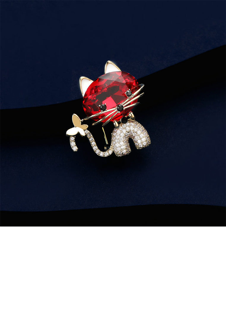 Simple and Cute Plated Gold Cat Brooch with Red Cubic Zirconia - Luxurious Look - Vibrant Color
