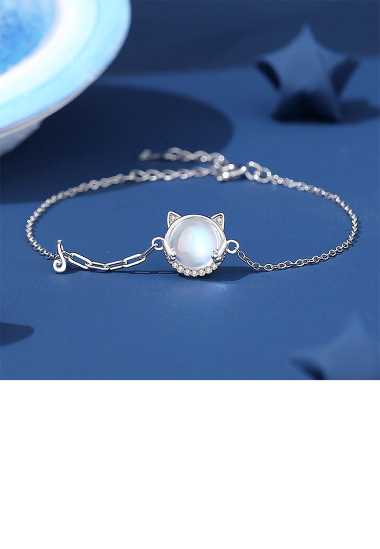 925 Sterling Silver Lovely Sweet Cat Moonstone Bracelet