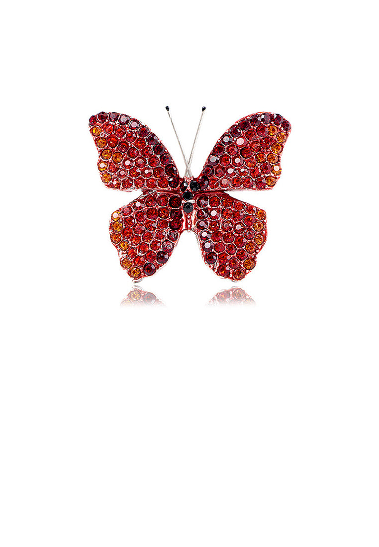 Fashion Brilliant Plated Gold Butterfly Brooch with Red Cubic Zirconia - Luxurious Look - Vibrant Color