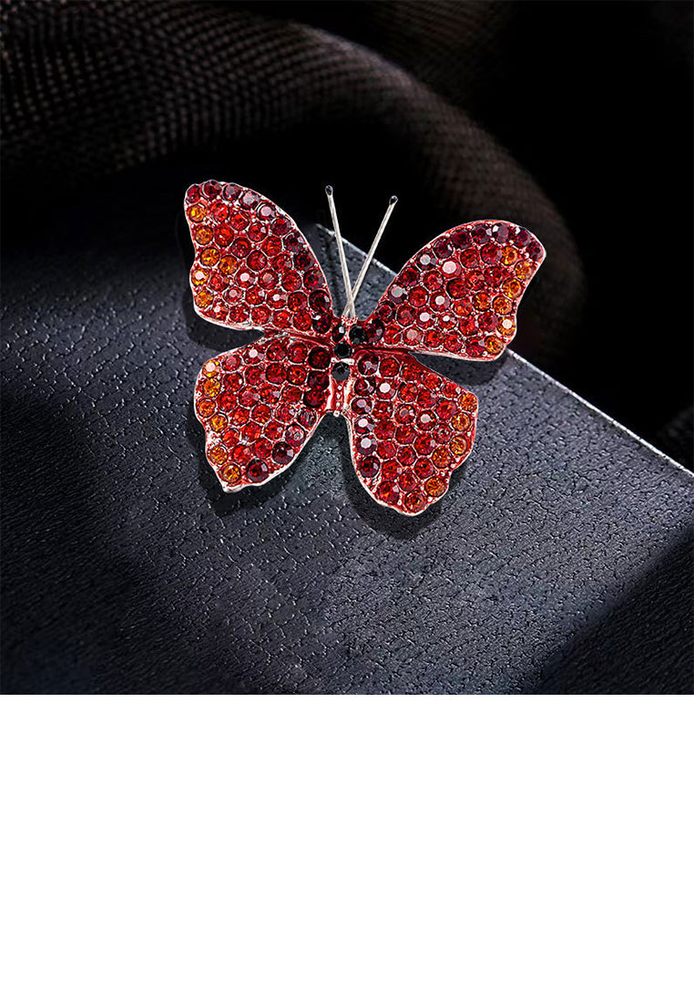 Fashion Brilliant Plated Gold Butterfly Brooch with Red Cubic Zirconia - Luxurious Look - Vibrant Color