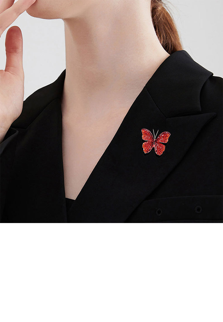 Fashion Brilliant Plated Gold Butterfly Brooch with Red Cubic Zirconia - Luxurious Look - Vibrant Color