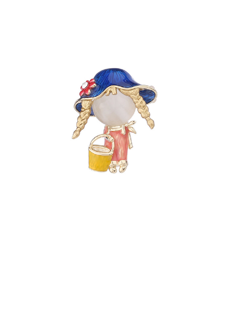 Fashion Cute Plated Gold Enamel Blue Hat Girl Brooch with Imitation Opal