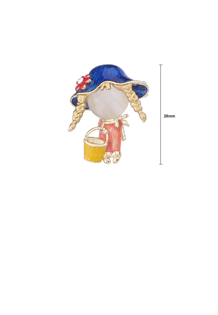 Fashion Cute Plated Gold Enamel Blue Hat Girl Brooch with Imitation Opal